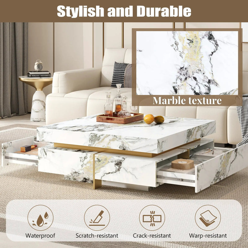 Modern Square Marble Textured Coffee Table with 4 Drawers by HouseOfZazla