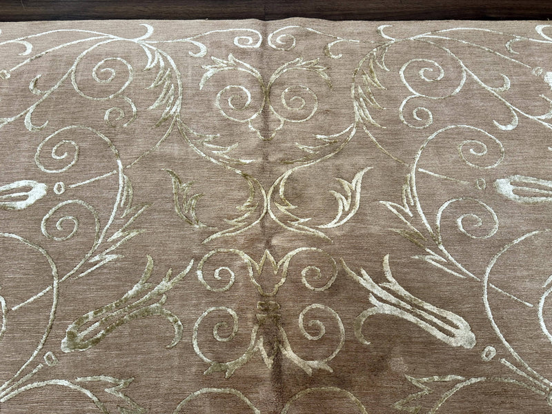 Tibetan Rug 9x12 Wool and Silk Beige Modern Handmade Carpet by Jewel Rugs