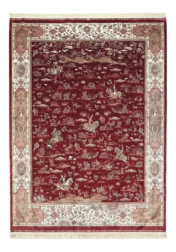 Turkish Silk Rug 8x10, Red & Ivory, Hunting Design, Bamboo Silk, New