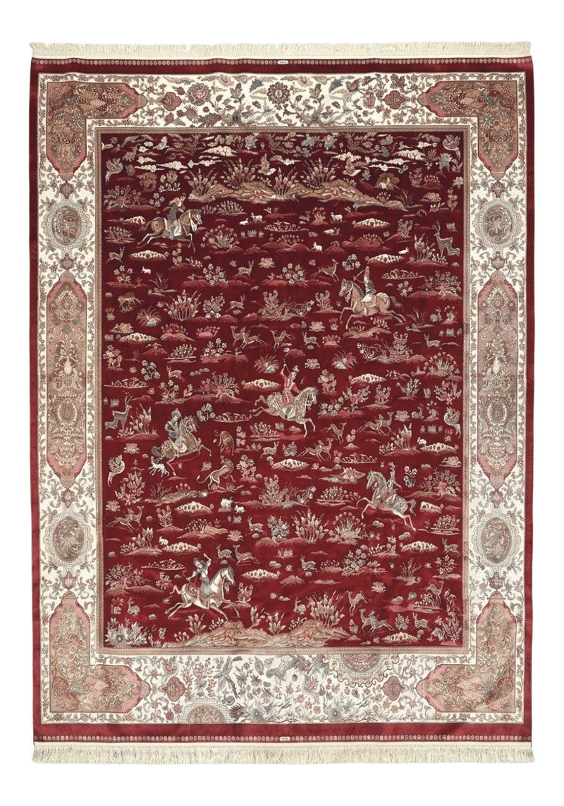 Turkish Silk Rug 8x10, Red & Ivory, Hunting Design, Bamboo Silk, New by Jewel Rugs