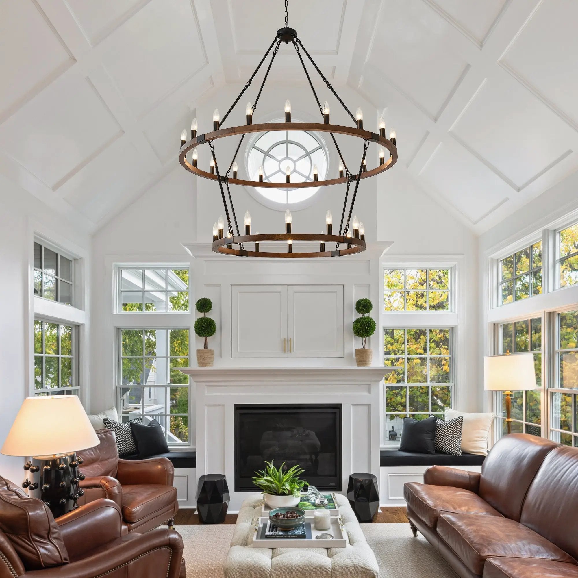 Large Solid Wood Wagon Wheel Chandelier, 2-Tier 32-Lights by HouseOfZazla