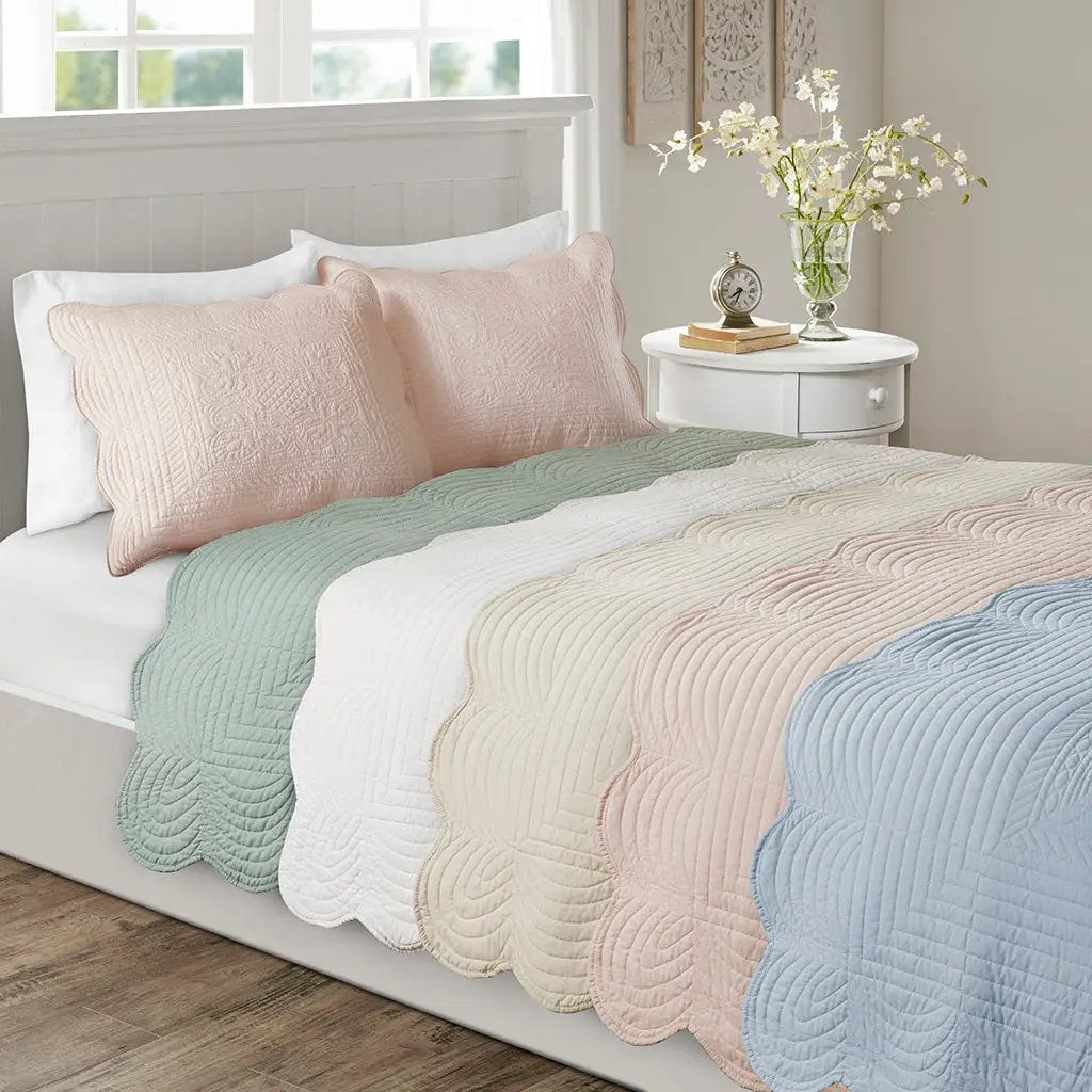 3 Piece Reversible Scalloped Edge Quilt Set White Full/Queen by HouseOfZazla