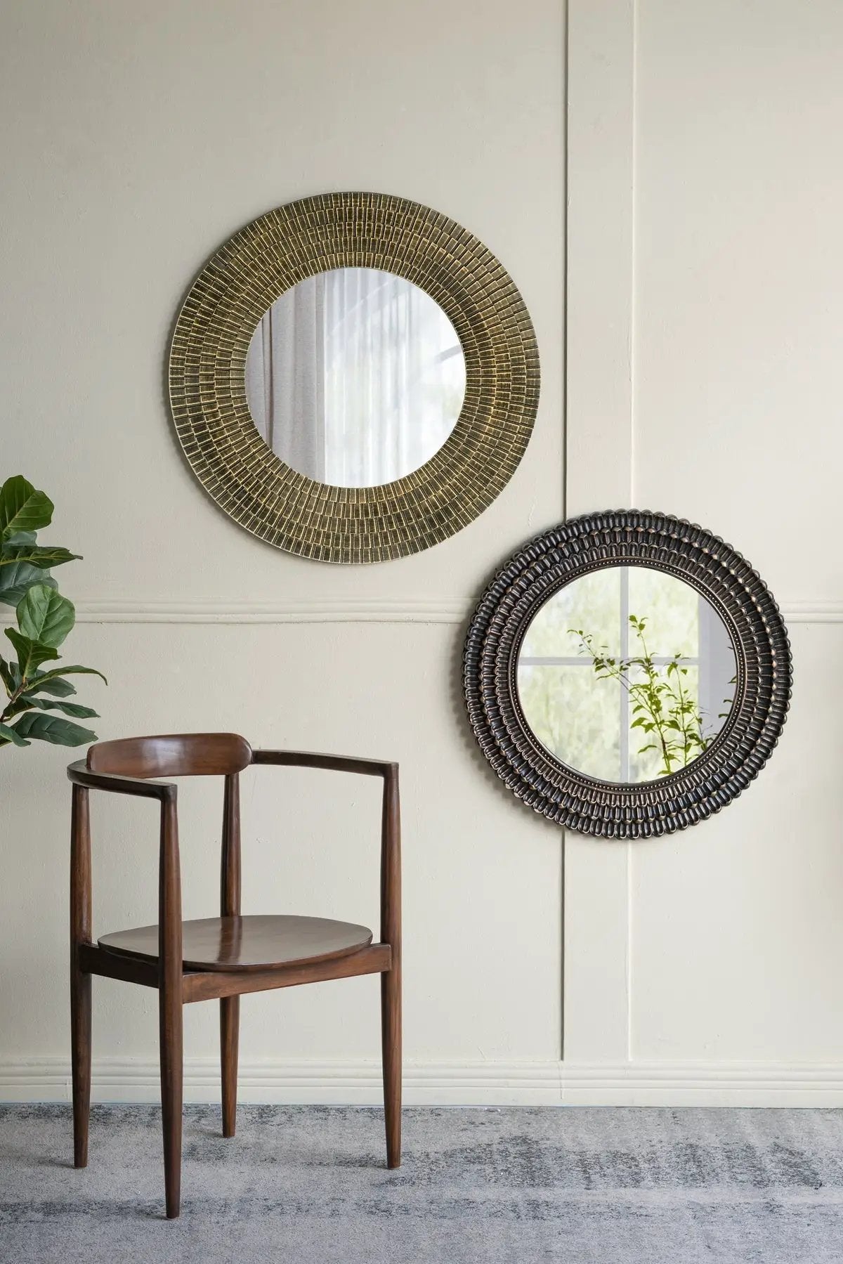29.5" Round Gold and Black Wooden Accent Mirror with Woven Texture by HouseOfZazla
