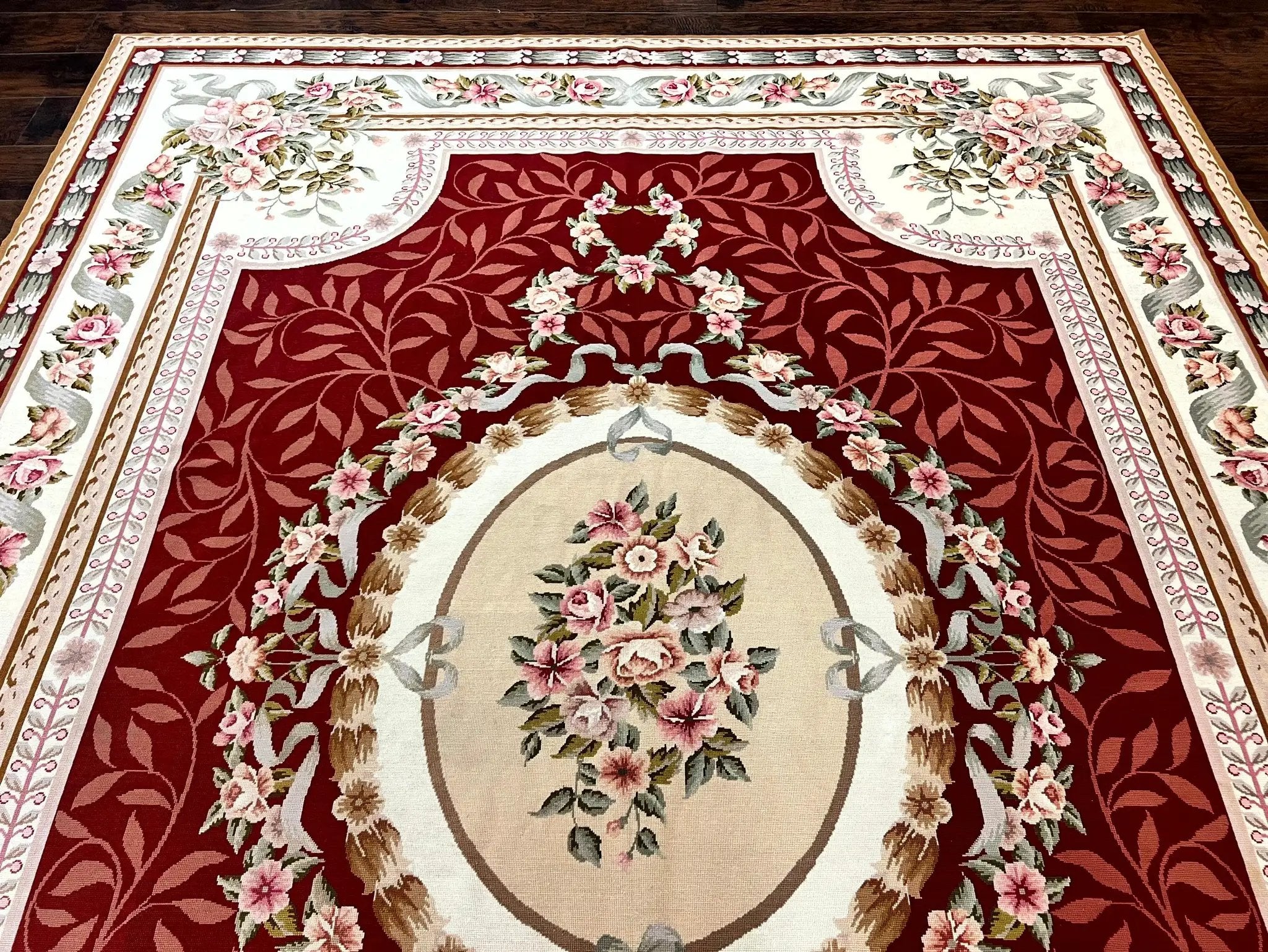 Wonderful Aubusson Rug 9x12, Handmade Vintage Needlepoint Carpet, Red and Ivory, Elegant European Design, Wool by Jewel Rugs