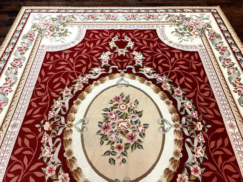 Wonderful Aubusson Rug 9x12, Handmade Vintage Needlepoint Carpet, Red and Ivory, Elegant European Design, Wool by Jewel Rugs