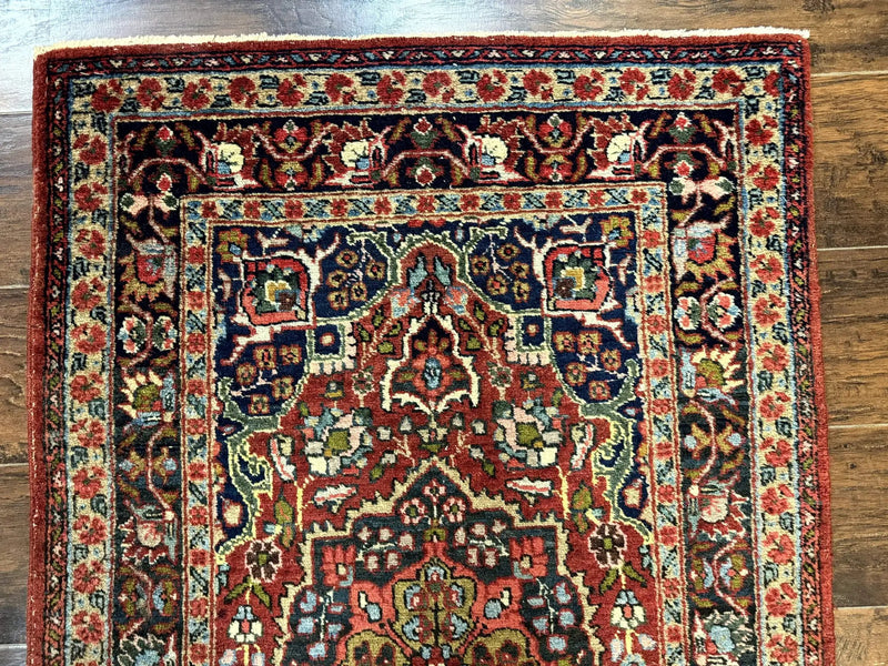 Antique Persian Tabriz Rug 3x5, Brick Red Navy Blue, Floral Medallion, Small Persian Carpet by Jewel Rugs