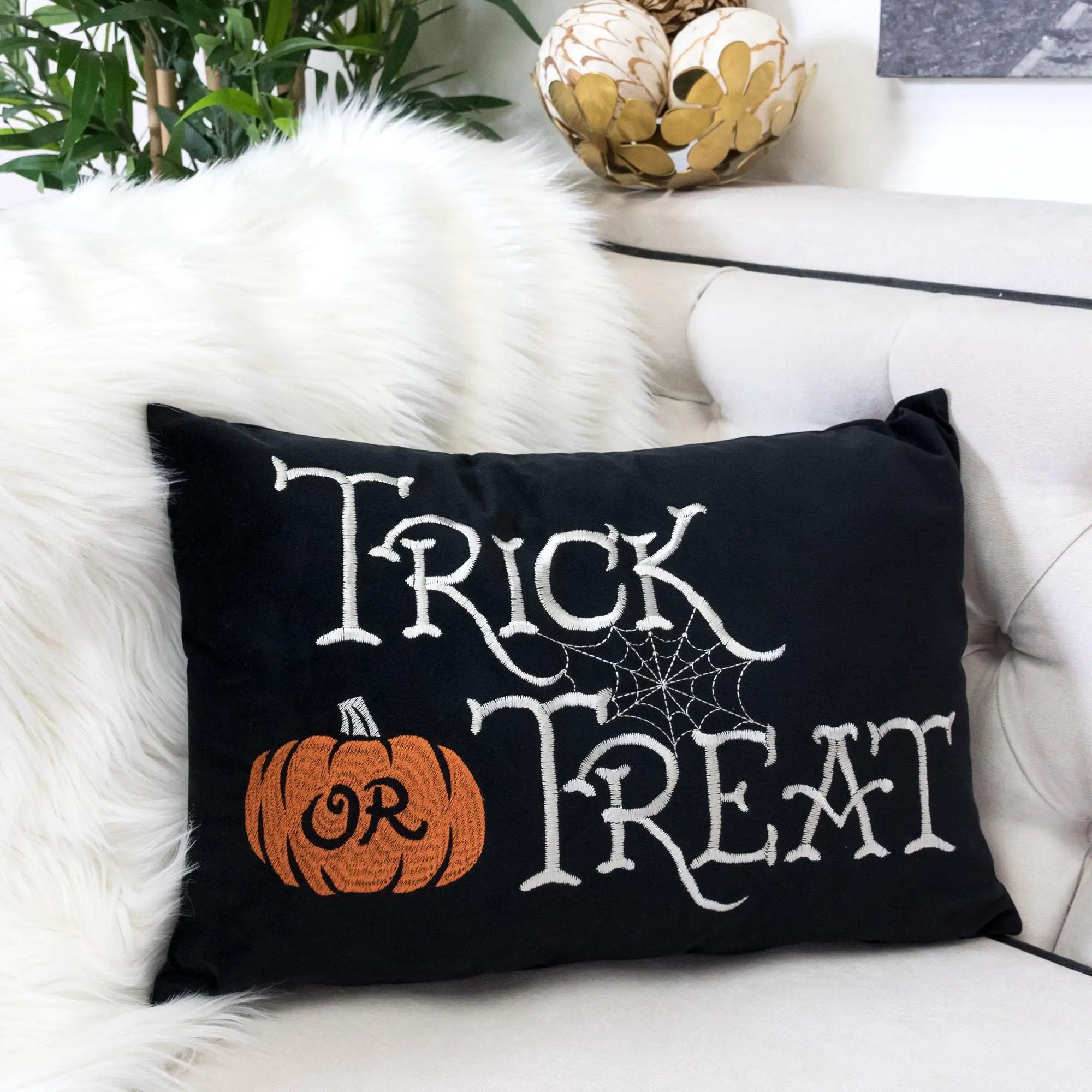 Trick or Treat Halloween Lumbar Pillow – Embroidered by HouseOfZazla