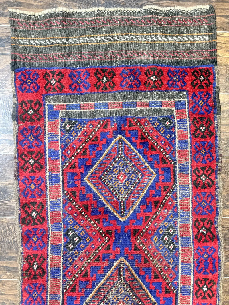 Turkoman Runner Rug 2 x 8.6, Skinny Runner, Handmade Wool Carpet for Hallway, Red and Blue, Wool, Vintage 8ft Runner by Jewel Rugs
