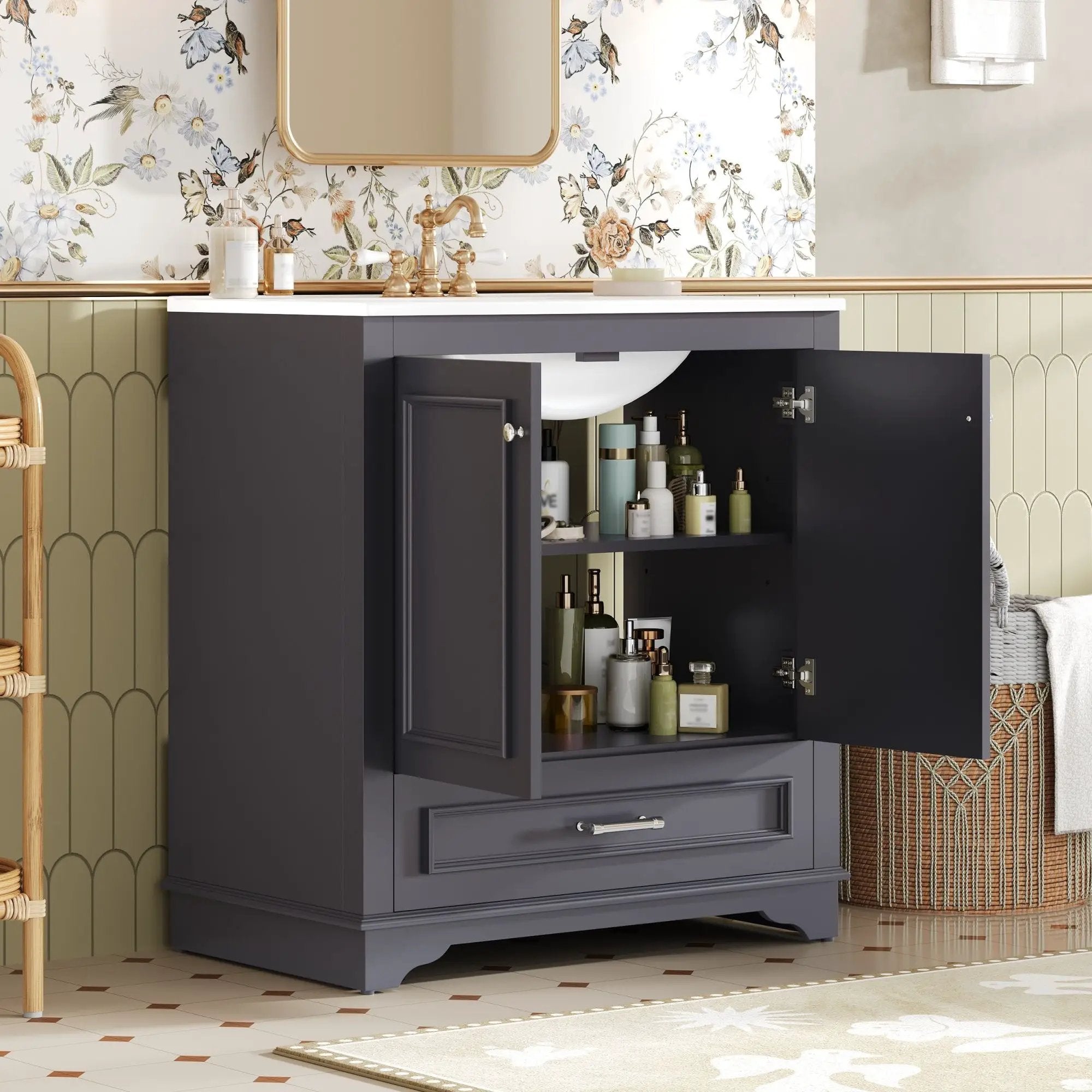 Bathroom Vanity With Sink, Cabinet & 2 Soft Closing Doors & Adjustable Shelf by HouseOfZazla