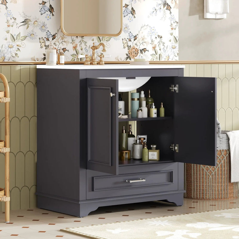 Bathroom Vanity With Sink, Cabinet & 2 Soft Closing Doors & Adjustable Shelf by HouseOfZazla