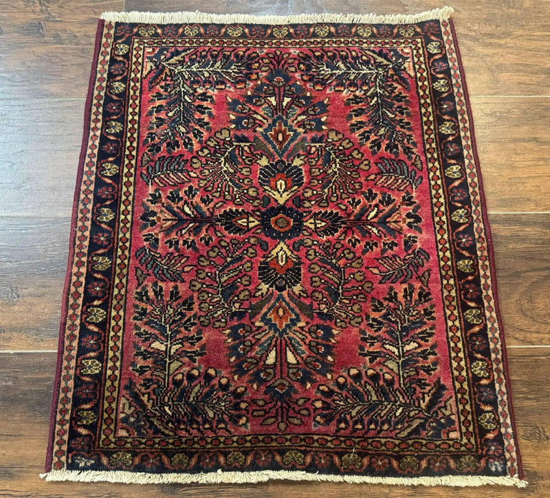 Small Antique Persian Sarouk Rug 2x2 ft, Red 1920s Wool Rug by Jewel Rugs