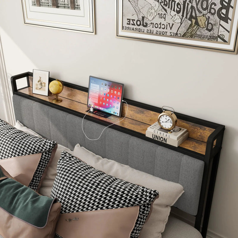 Bed With Charging Station, American Design Upholstered Headboard, Metal Platform by Unique Piece Furniture