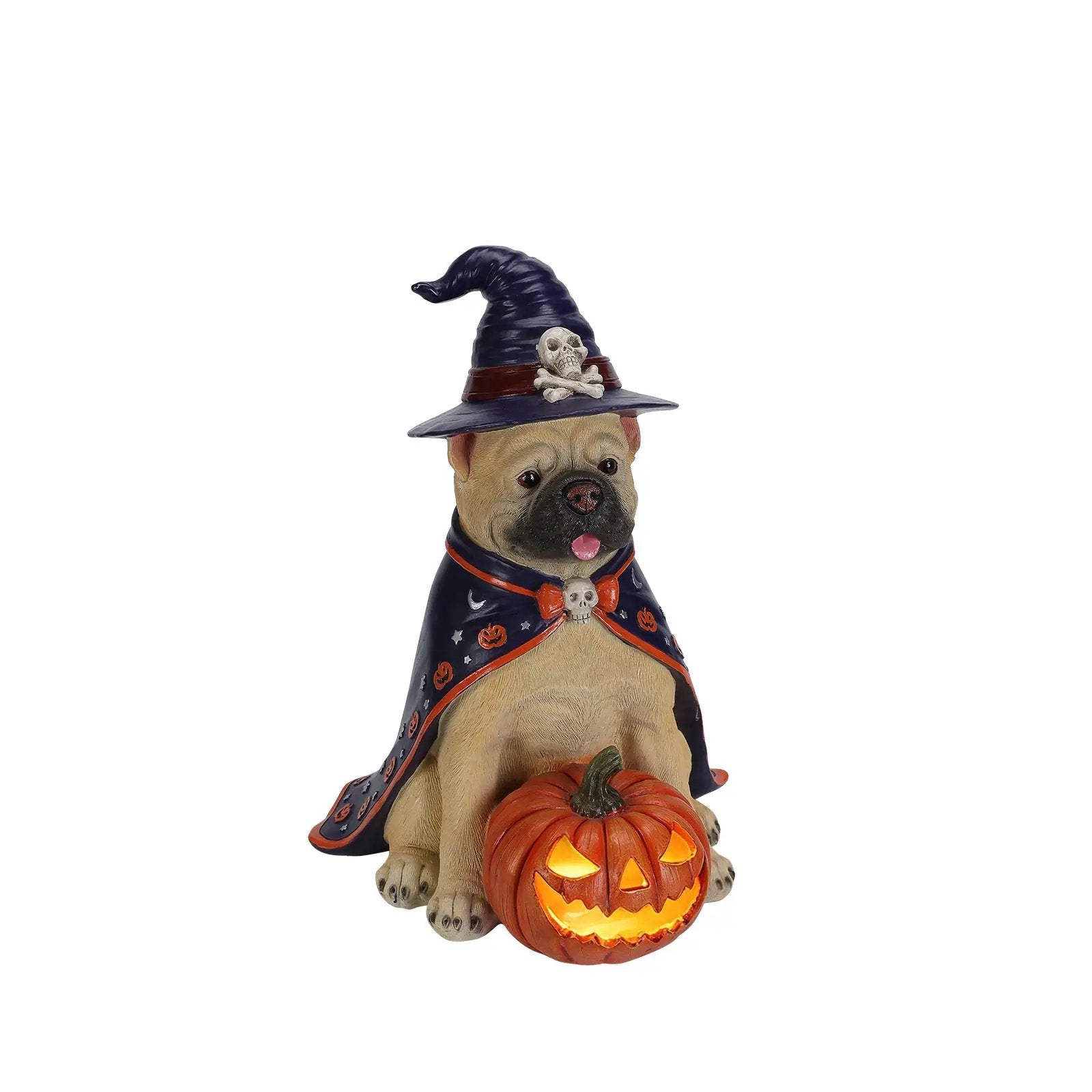 Halloween Bulldog Witch Statue, LED Light Up Jack-O-Lantern Pumpkin by HouseOfZazla