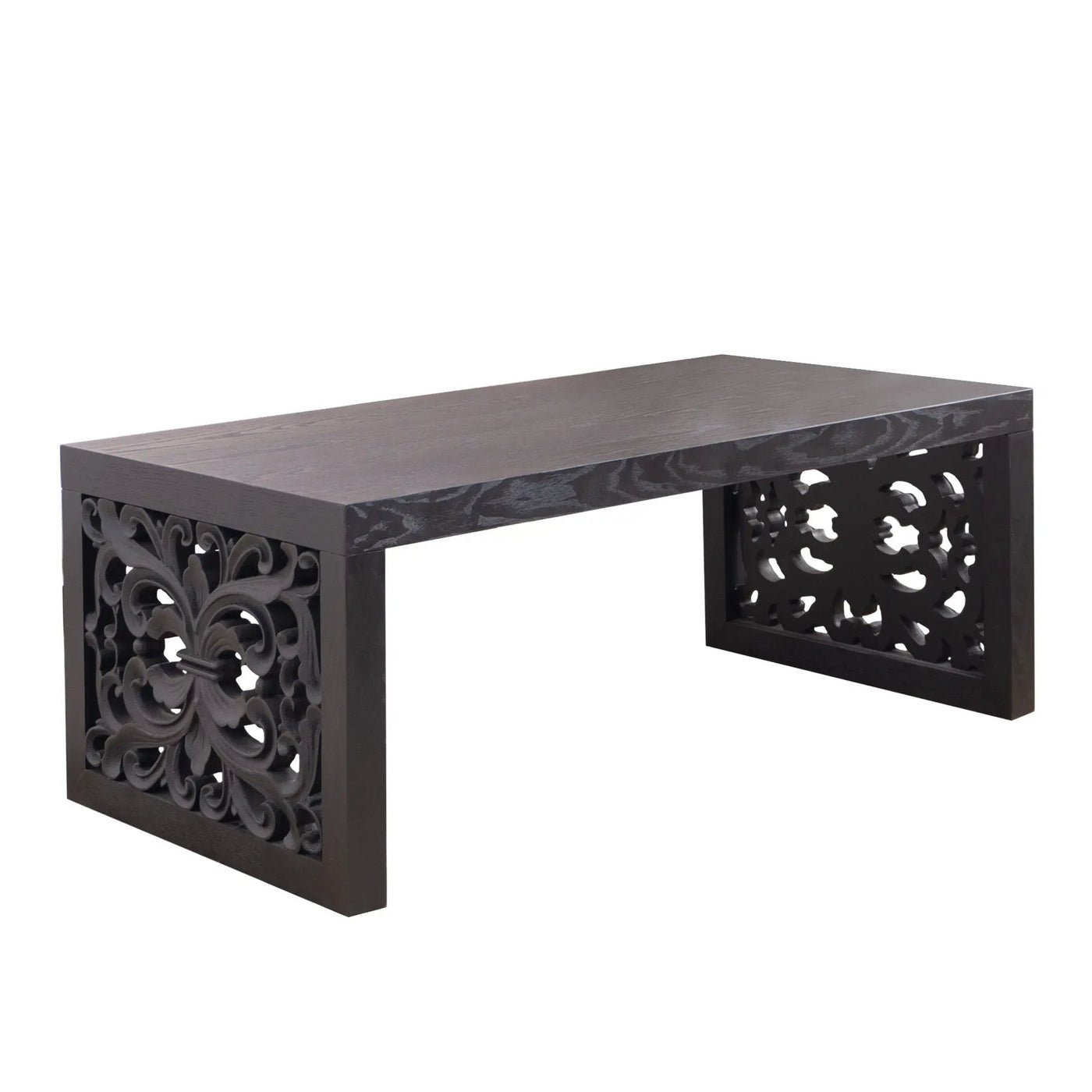 Rustic Carved Wood Coffee Table, Handcrafted Look With Ornate Side Panels by HouseOfZazla