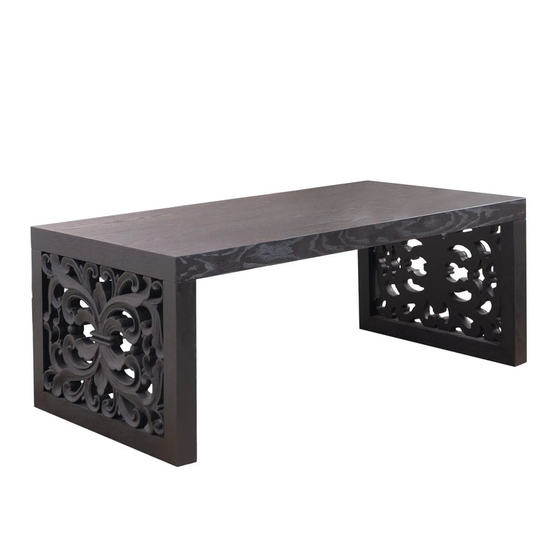 Rustic Carved Wood Coffee Table, Handcrafted Look With Ornate Side Panels by Unique Piece Furniture