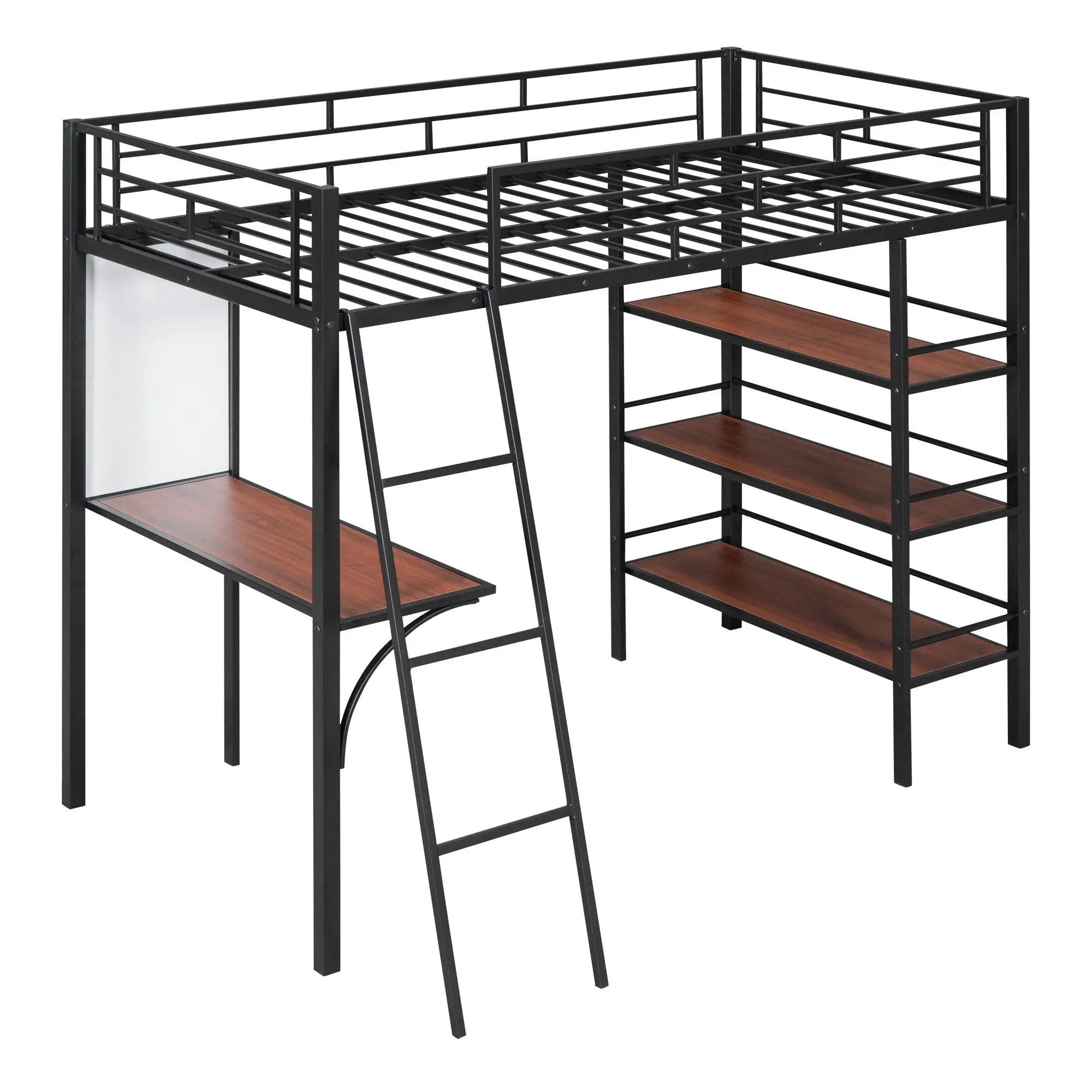Loft Metal Bed With 3 Layers Of Shelves And Desk, Stylish Metal Frame Bed With board by HouseOfZazla