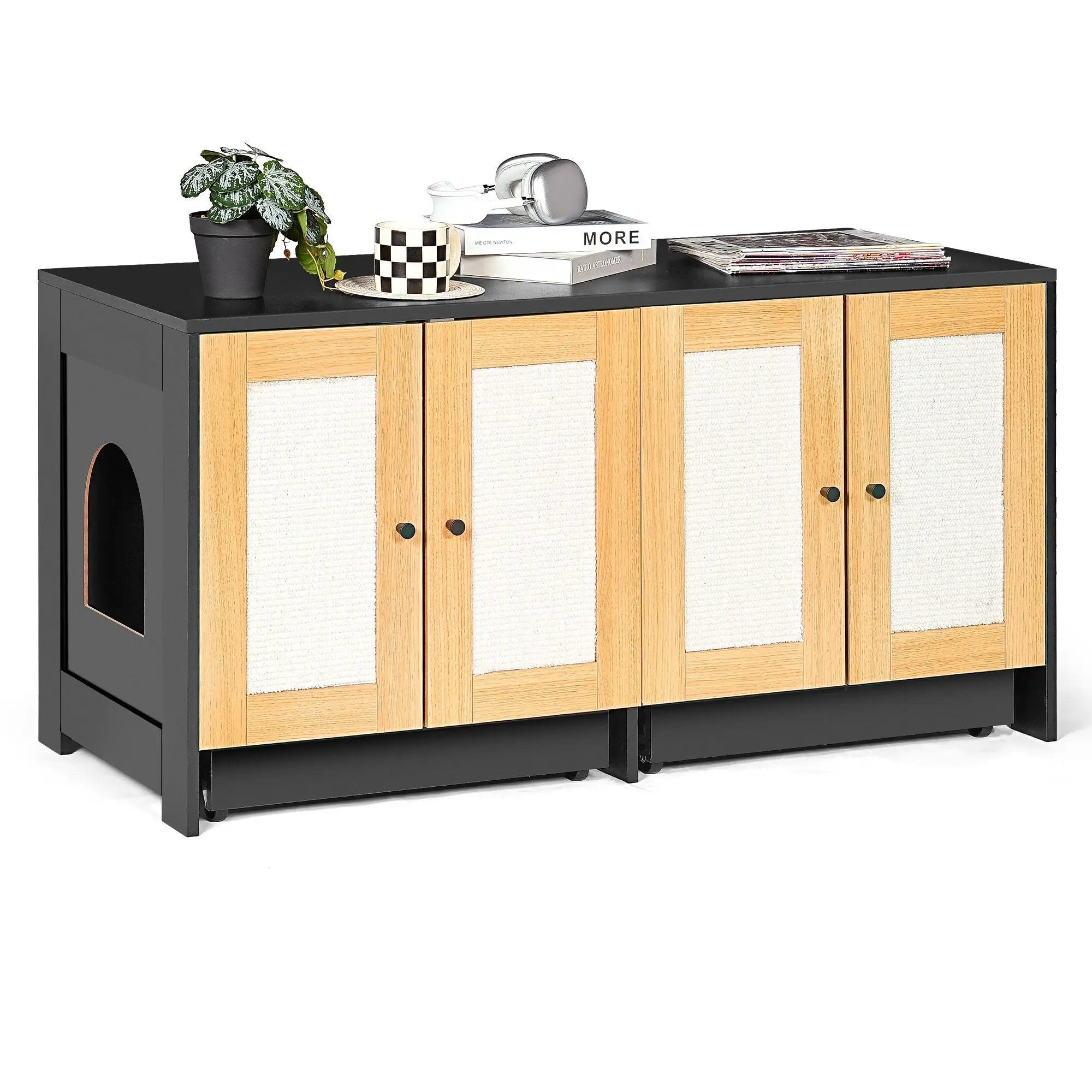 Double Litter Box Enclosure, Cat Litter Box Enclosure For 2 Cats, Hidden Litter Box Furniture With Rattan Doors - Black by HouseOfZazla