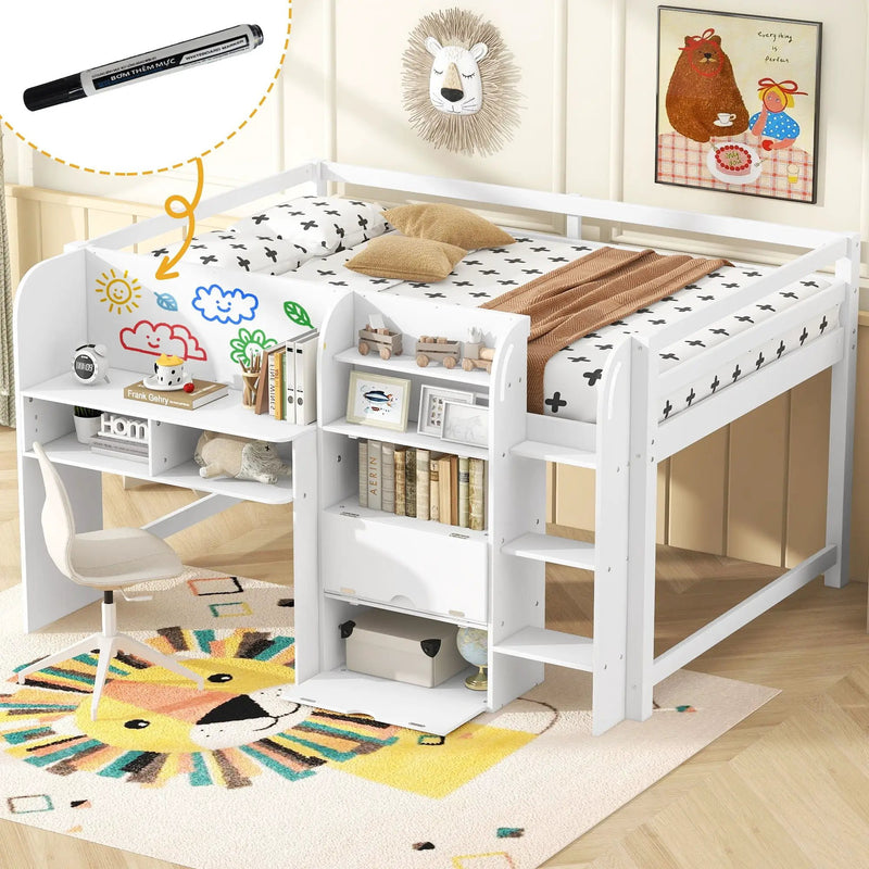 Low Loft Bed With Built In Desk, Storage Cabinets, Open Bookcase And Doodle board by Unique Piece Furniture