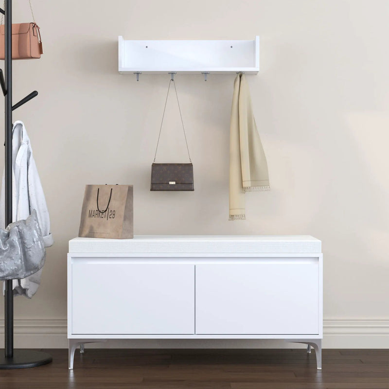 Wall Mounted Entryway Shelf With Hooks And Storage Bench Set - Off White by Unique Piece Furniture
