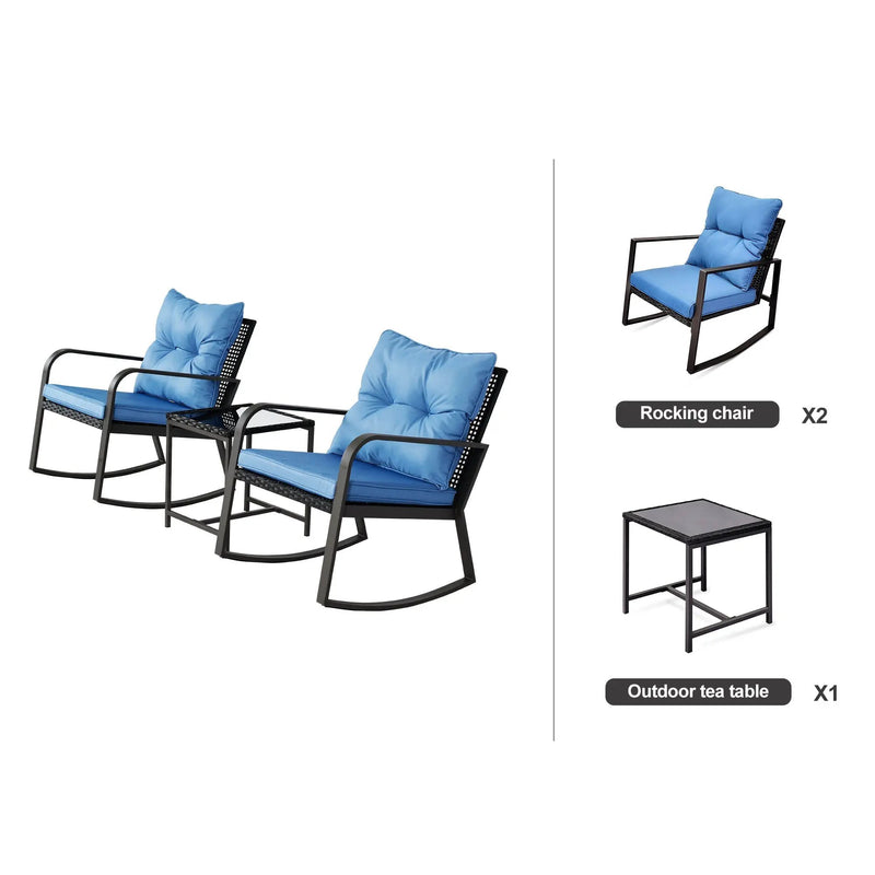 3 Pieces Patio Bistro Set Outdoor Rocking Chair with Blue Cushion for Yard Garden Poolside by HouseOfZazla