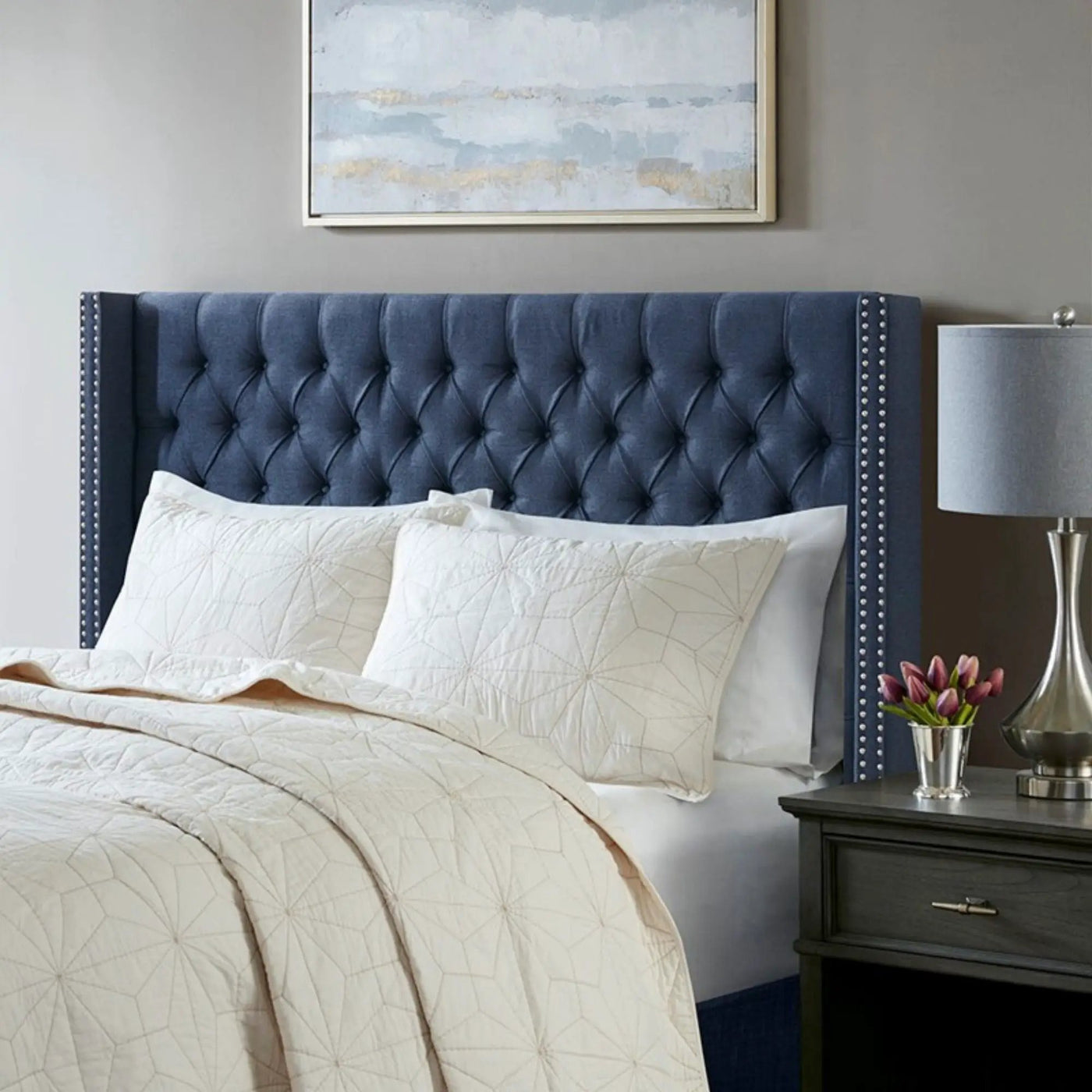Transitional Upholstery Headboard With Tufted Buttons And Nailhead Trim by HouseOfZazla