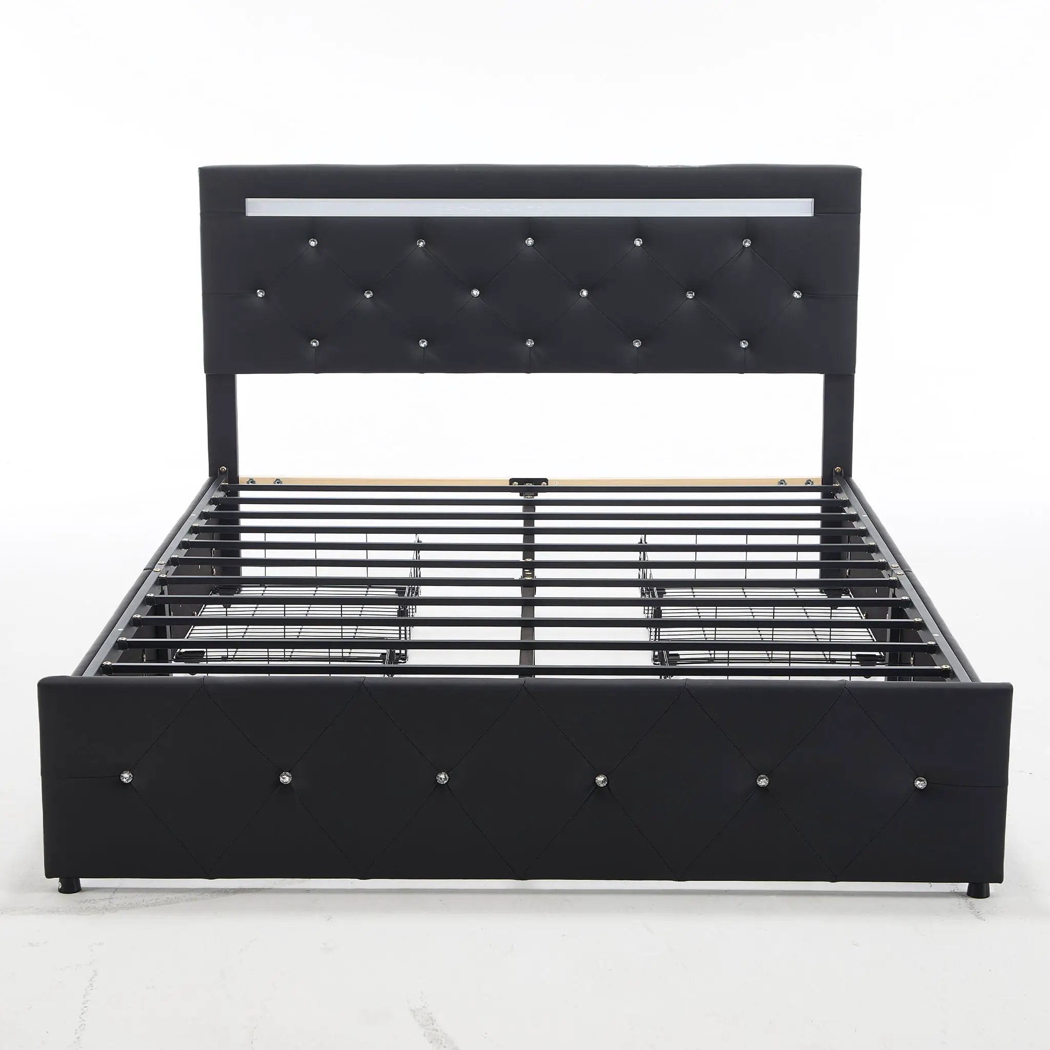 Upholstered Bed Frame With LED Lights, 4 Storage Drawers, Charging Station by HouseOfZazla