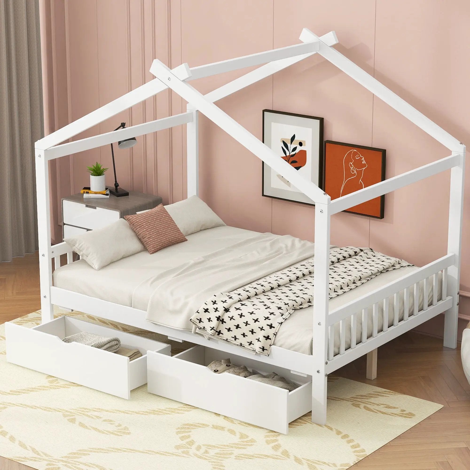 House Style Platform Bed With Headboard, Footboard, 2 Drawers, And Roof Design by Unique Piece Furniture
