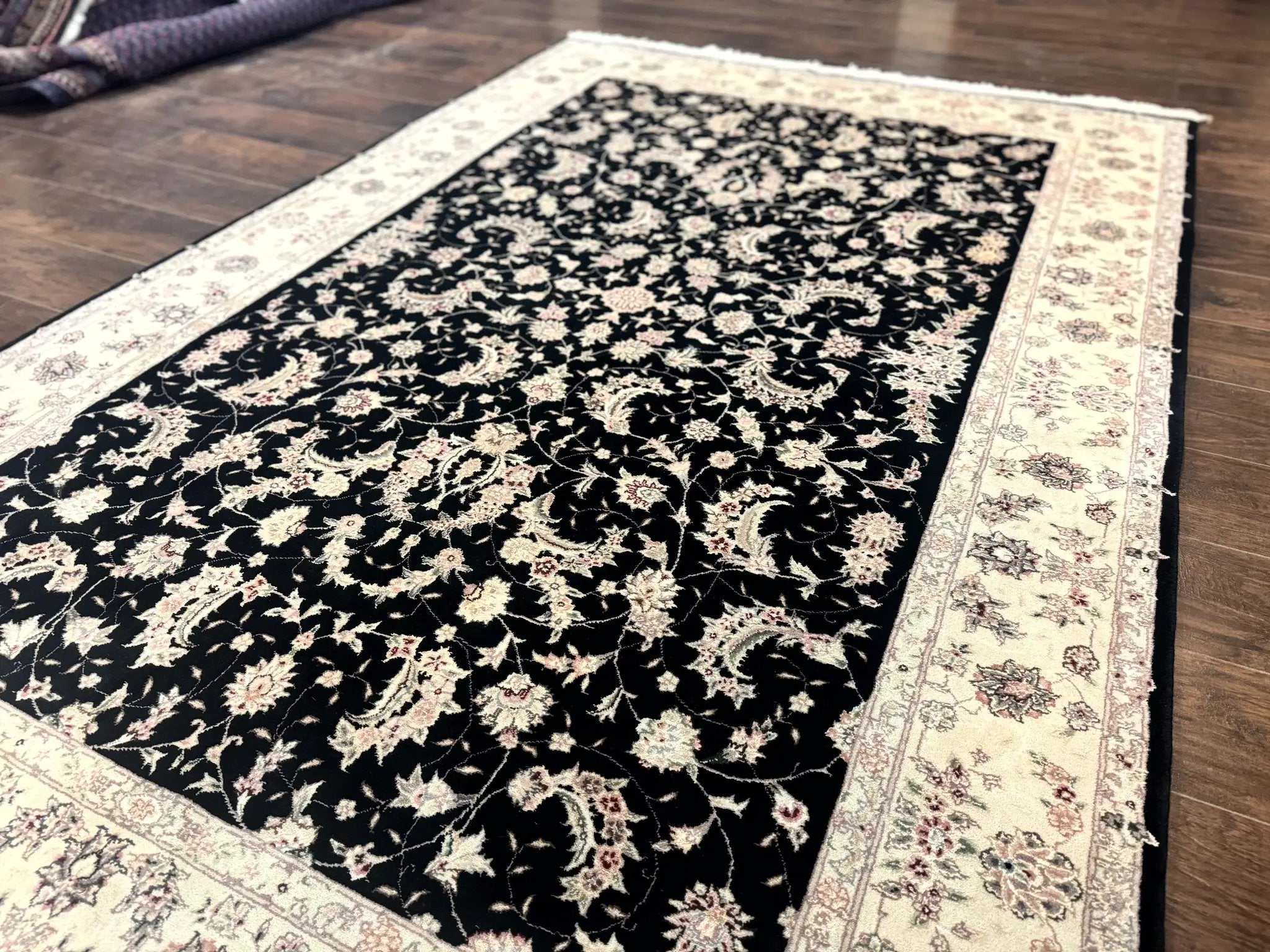 Sino Persian Rug 6x9, Black and Ivory, Wool and Silk Highlights, Handmade by Jewel Rugs