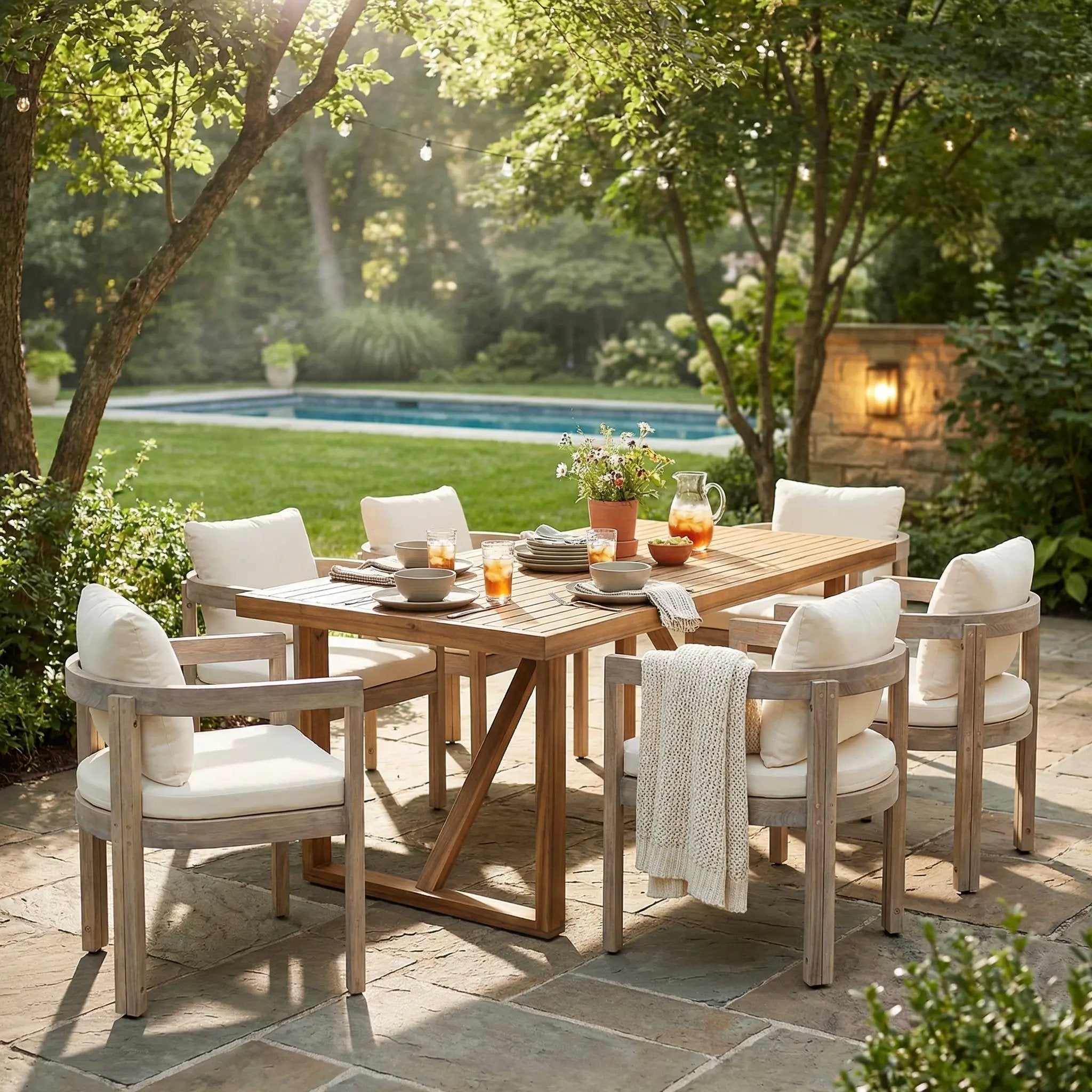 7 Pieces Acacia Wood Outdoor Dining Set with Cream Cushions by HouseOfZazla
