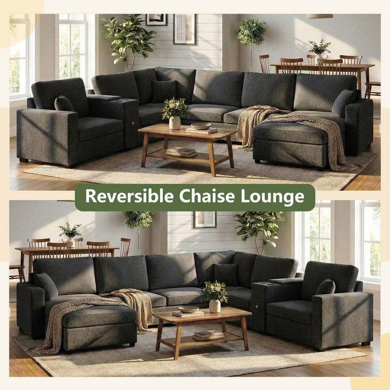 Modular 5 Seat U-Shape Sectional Sofa With Chaise Lounge, Built In Cup Holders And Storage Drawer by Unique Piece Furniture