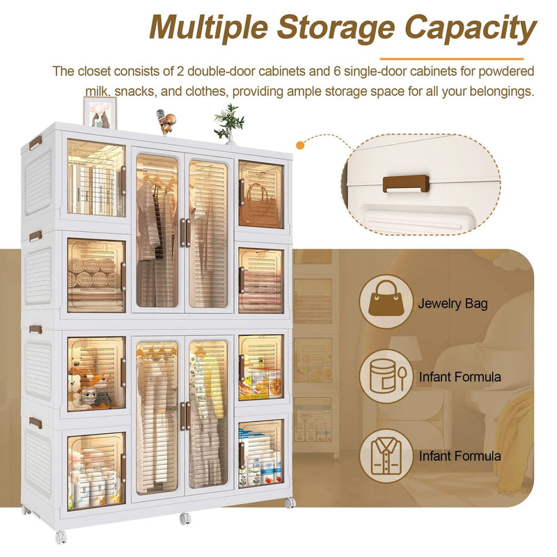 Portable Wardrobe Closet Storage Organizer For Clothes With Magnetic Doors, 12 Cubes & 2 Hanging Rods - White by HouseOfZazla