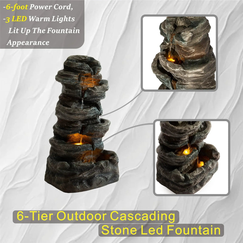 6-Tier Outdoor Cascading Stone Water Fountain with 3 LED Lights by HouseOfZazla