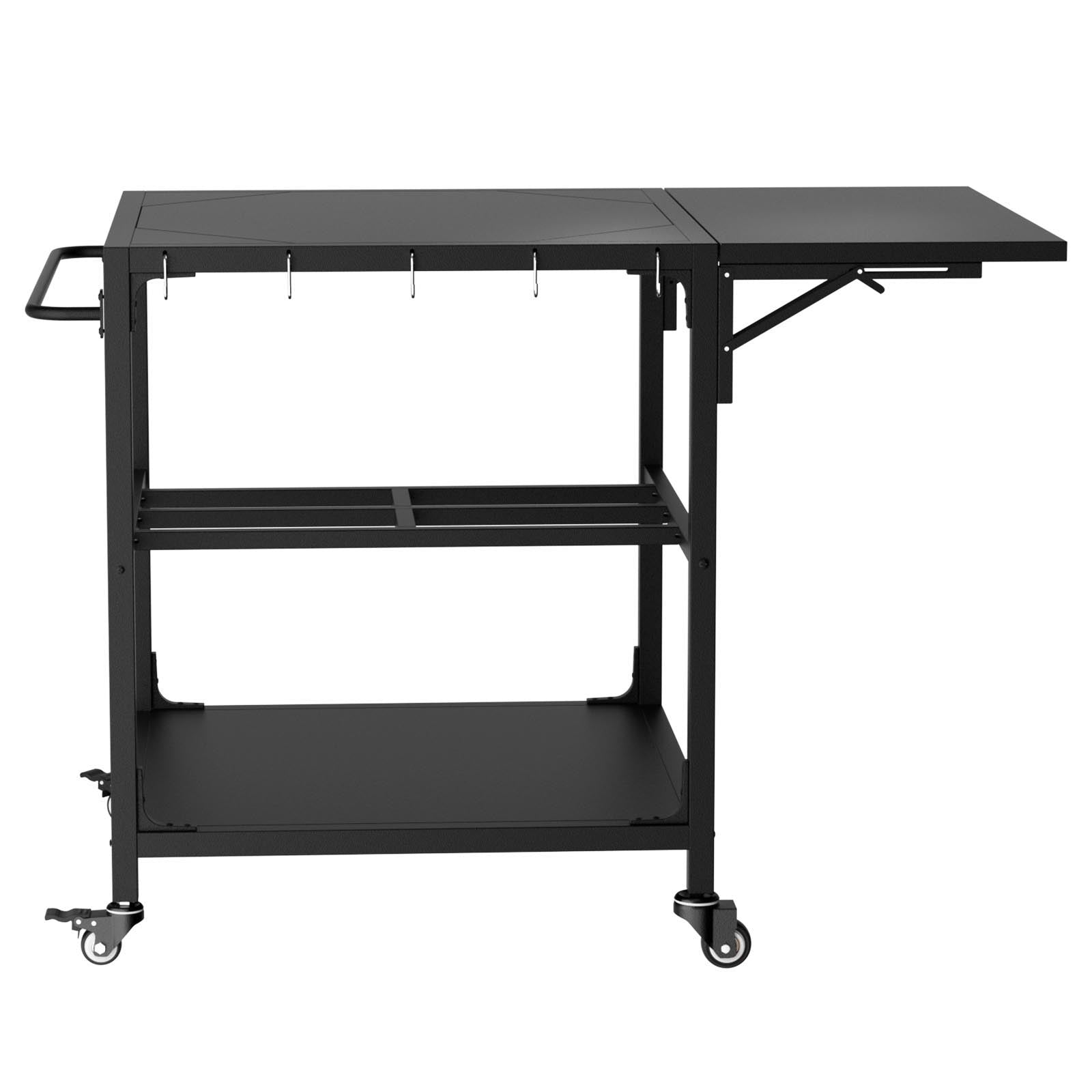 Outdoor Grill Table, Prep Cart With Wheels, Storage Shelf And Hooks - Black by HouseOfZazla