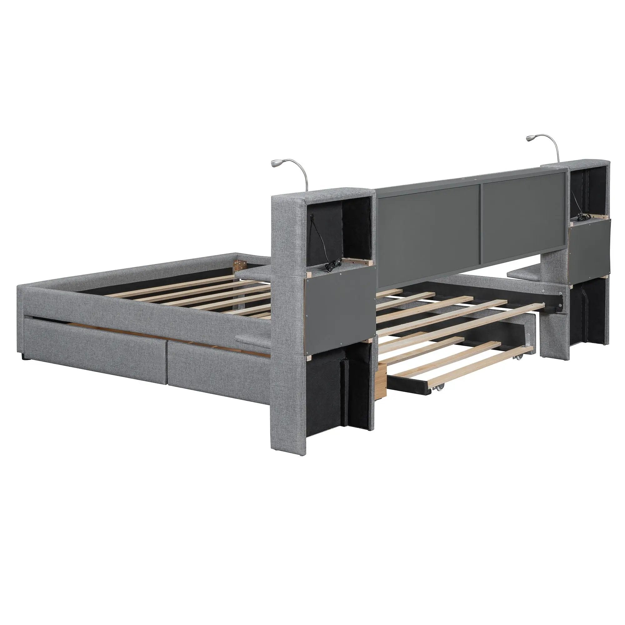 Upholstered Platform Bed With Reading Lights, Drawers, Trundle And Shelves by HouseOfZazla