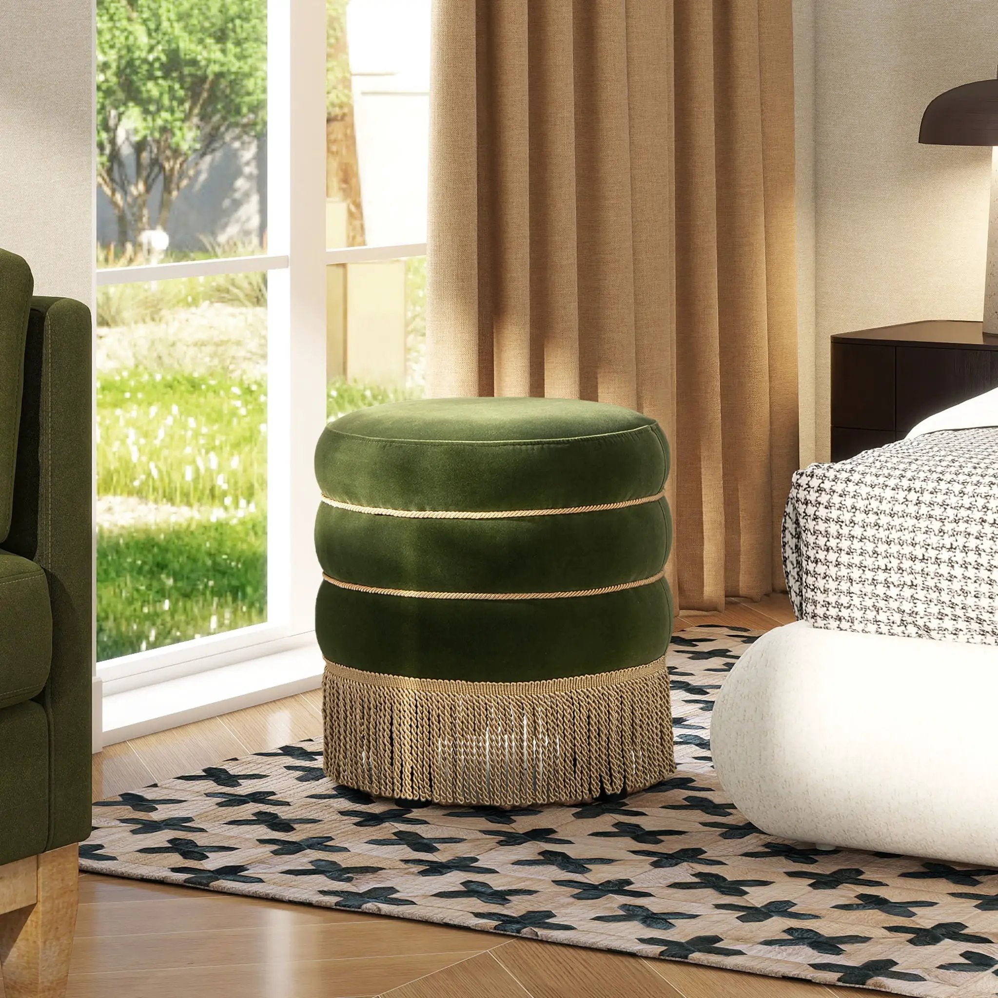 Edward - Round Upholstered Ottoman With Bullion Fringe - Olive Green by HouseOfZazla