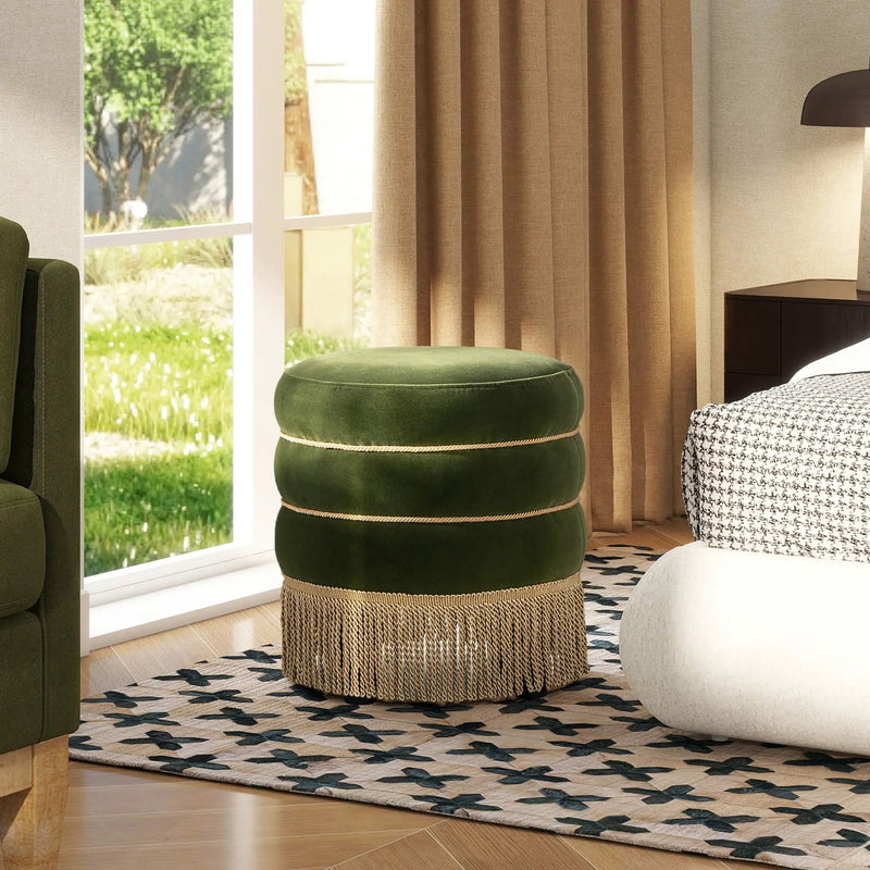 Edward - Round Upholstered Ottoman With Bullion Fringe - Olive Green by HouseOfZazla