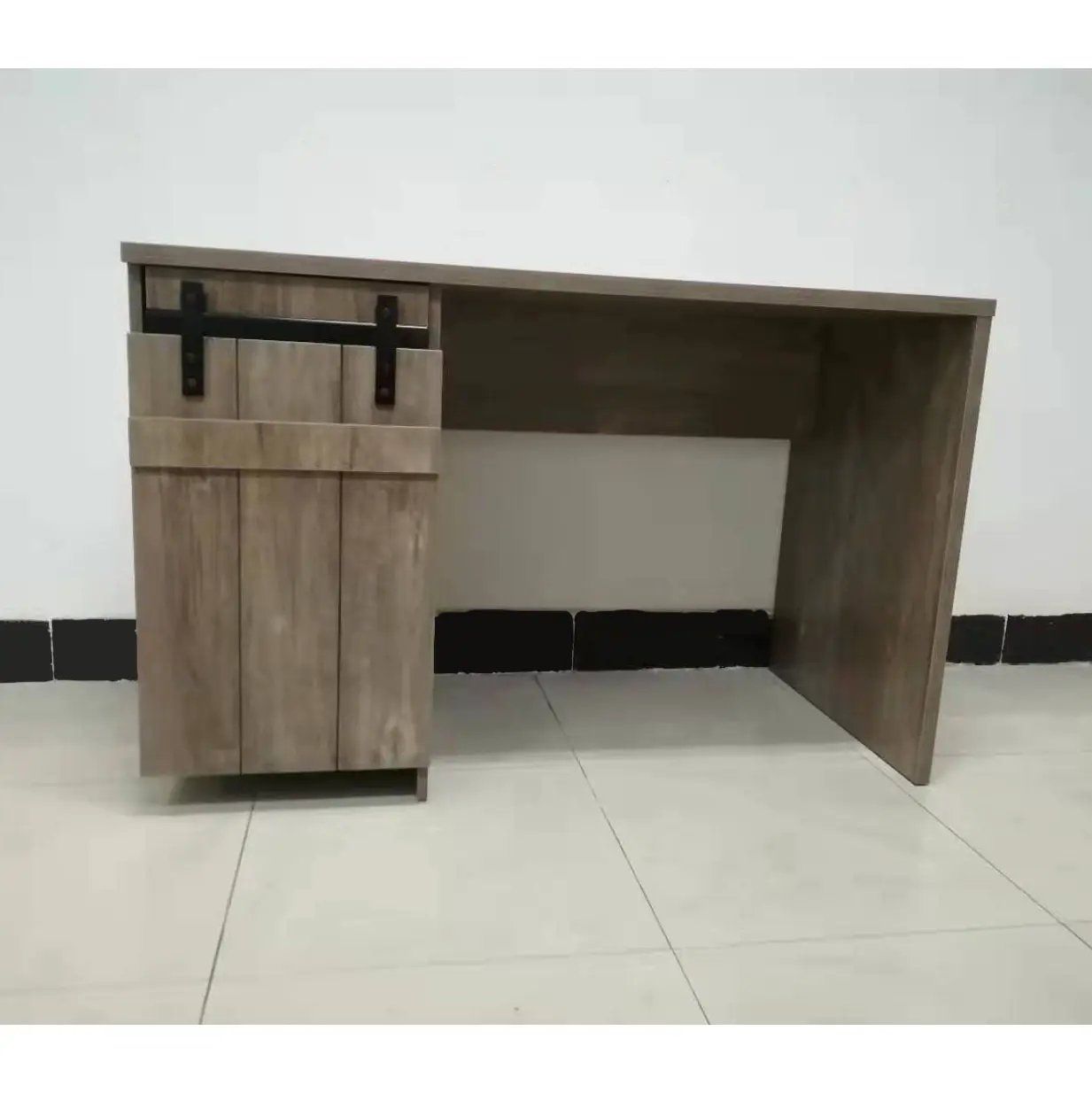 Home Office Desk Hazelnut One Cabinet Three Shelves Faux Barn Door On Metal Euro Hinges Modesty Panel - Light Brown by Unique Piece Furniture