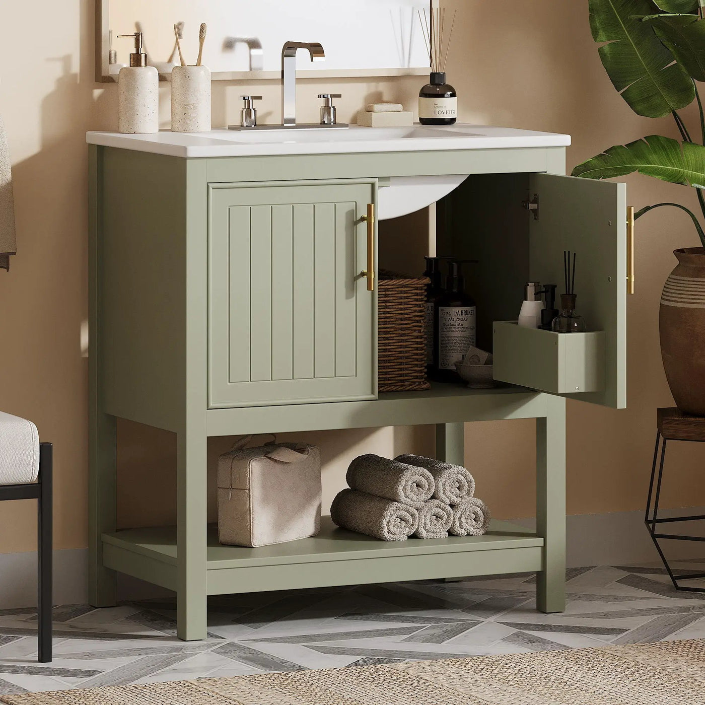 Elegant Bathroom Vanity With Ceramic Sink And Versatile Storage by Unique Piece Furniture