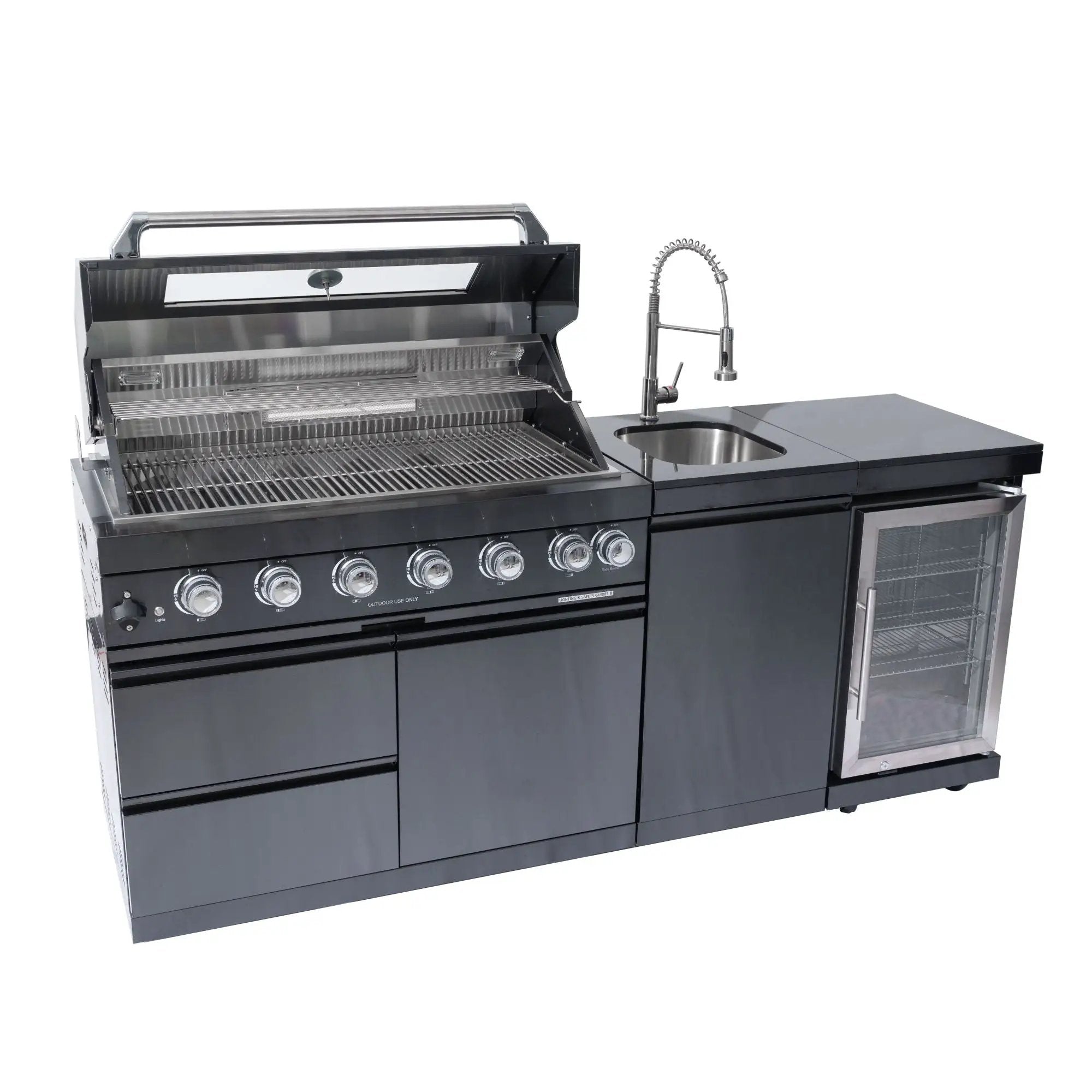 6 Burner 85, 000 Btu Outdoor Kitchen Island Grill With Wine Cooler Refrigerator, Rotisserie Kit, Granite Countertops & Sink - Black by HouseOfZazla