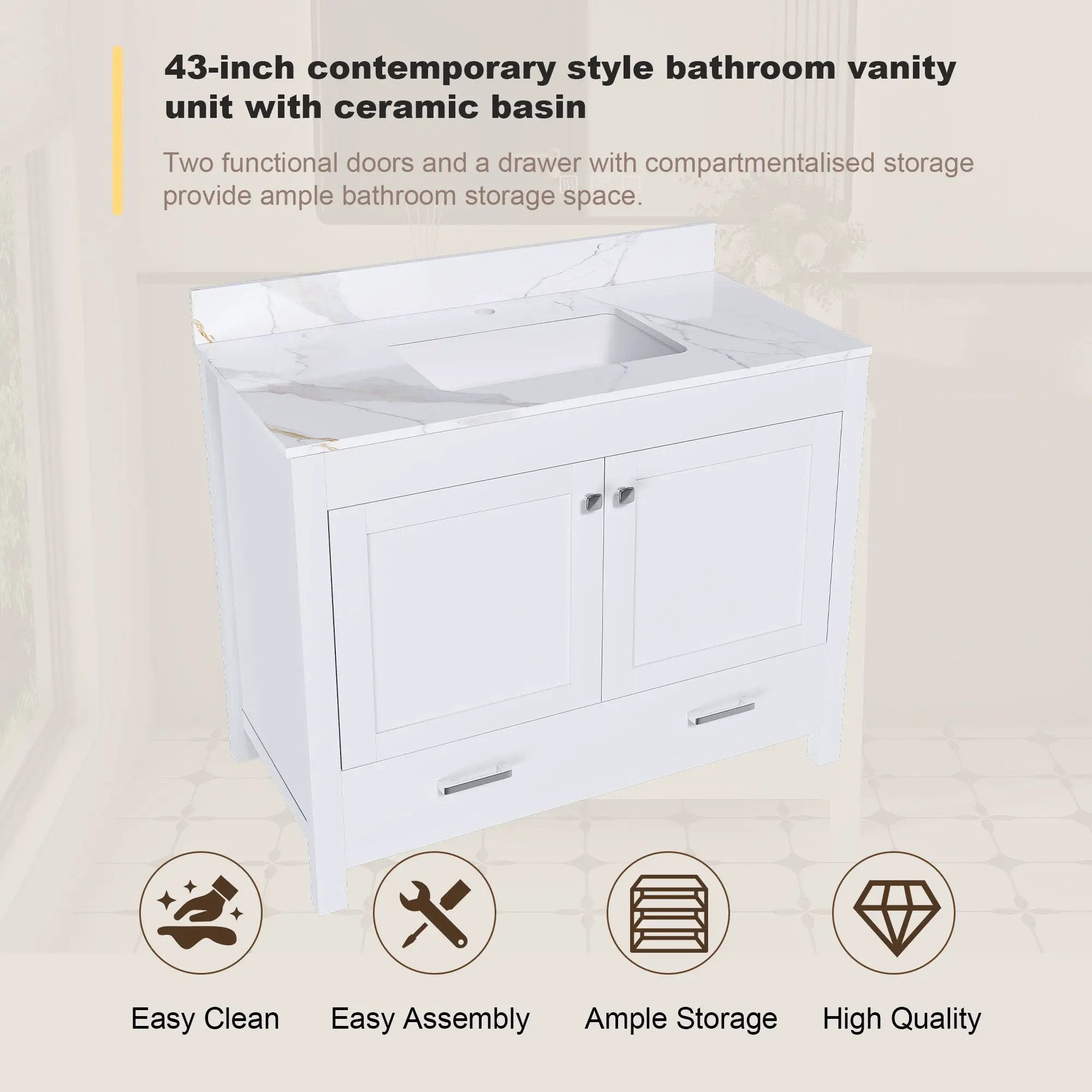 43" Bathroom Vanity, Multi Functional Cabinet, Doors And Drawer - White by Unique Piece Furniture