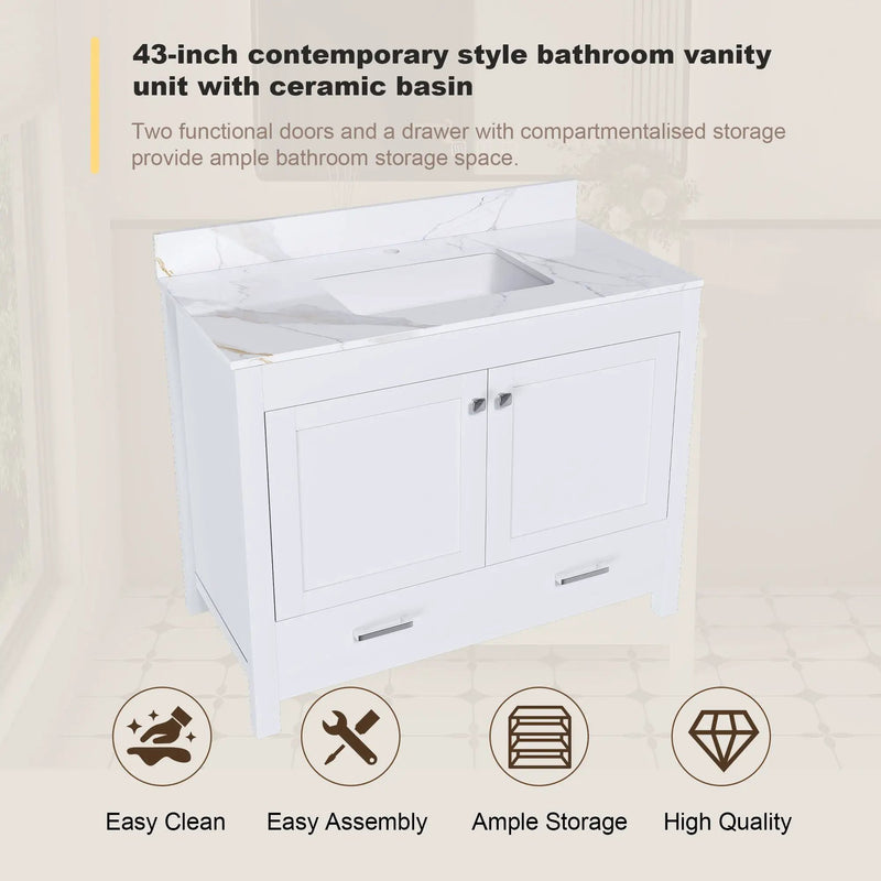 43" Bathroom Vanity, Multi Functional Cabinet, Doors And Drawer - White by Unique Piece Furniture
