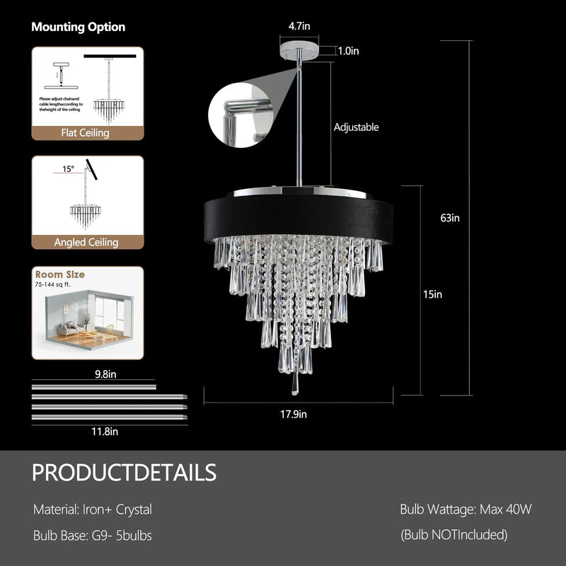 18-inch Modern Crystal Chandelier with Black Velvet Shade by HouseOfZazla