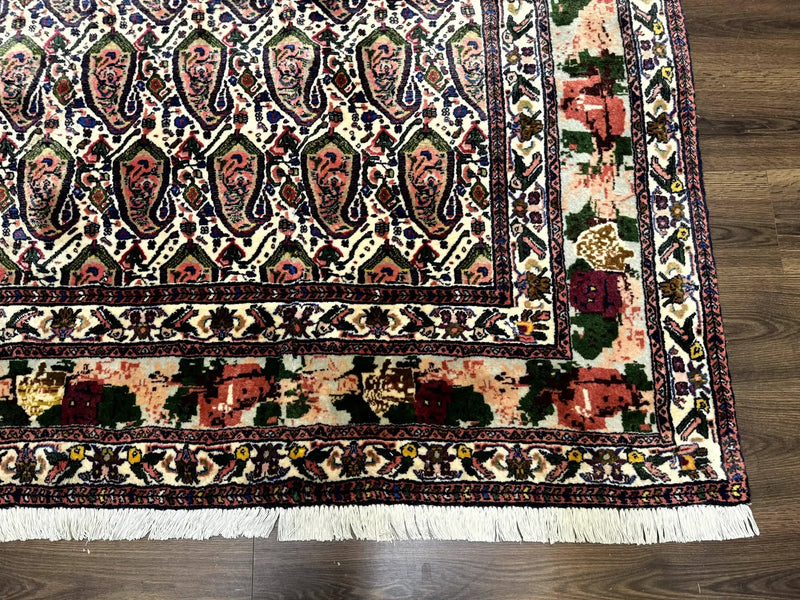 Persian Kurdish Rug 8x11, Repeated Allover Boteh Paisley Design, Bird Pictorials, Rare Antique Sannadaji Carpet by Jewel Rugs
