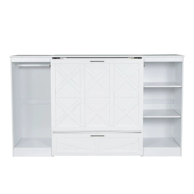 Twin Size Murphy Bed With Bedside Shelves And Wardrobe - White