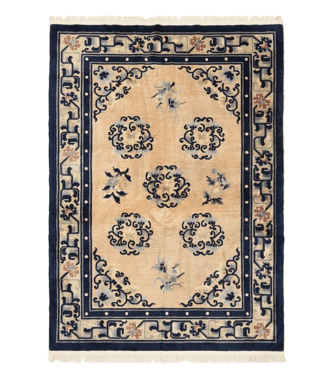 Chinese Peking Rug 4x6, Wool Hand Knotted Handmade Vintage Semi Antique Carpet, Semi Open Field, Light Peach & Navy Blue, Art Deco Rug by Jewel Rugs