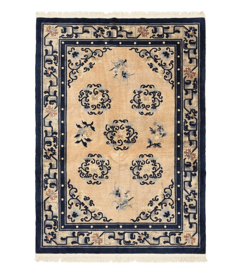 Chinese Peking Rug 4x6, Wool Hand Knotted Handmade Vintage Semi Antique Carpet, Semi Open Field, Light Peach & Navy Blue, Art Deco Rug by Jewel Rugs