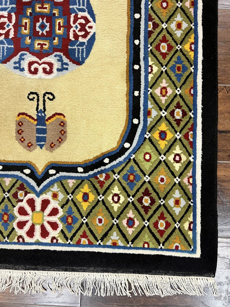 Chinese Rug 3x6 ft, Chinese Wool Rug, Tiensin Rug, Handmade Wool 3 x 6 Vintage Peking Rug, Art Deco Rug, Butterflies by Jewel Rugs
