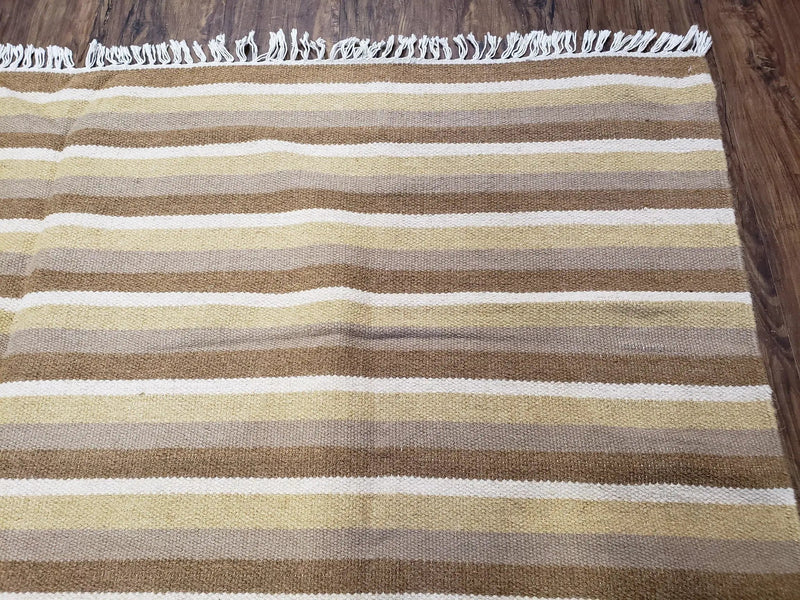 Indian Striped Blanket 6x9, Large Indo Kilim Area Rug, Earthern Tones Woolen Hand-Woven Flatweave South American Style Queen Size Bedspread by Jewel Rugs