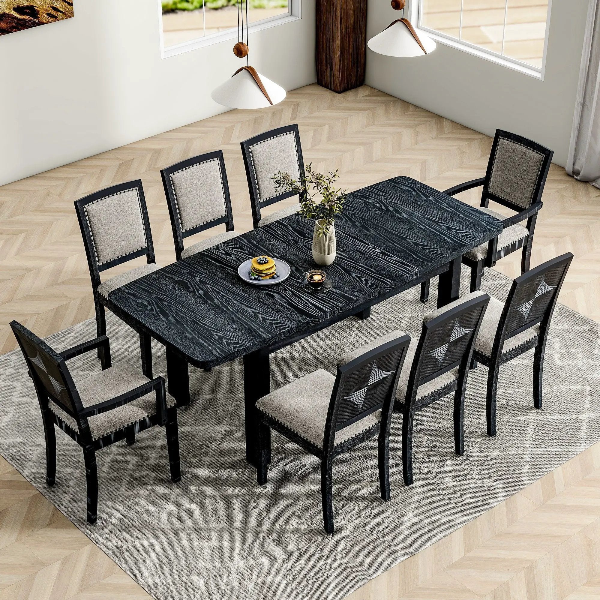 Topmax - Rustic Extendable Dining Table Set With Removable Leaf, 6 Upholstered Armless Dining Chairs And 2 Padded Arm Chairs, 9 Pieces by HouseOfZazla