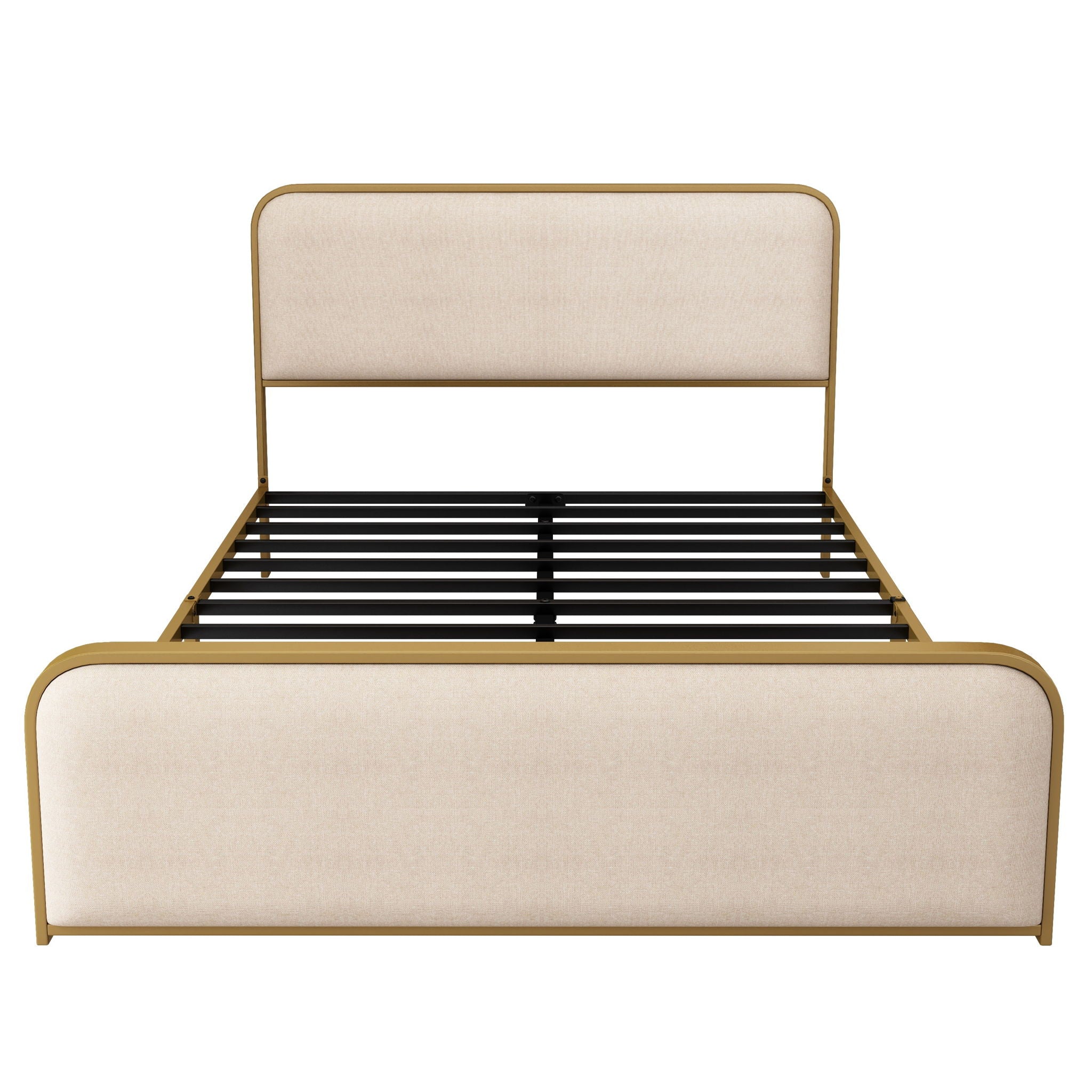 Queen Size Bed Frame With Curved Upholstered Headboard And Footboard - Beige / Gold by HouseOfZazla